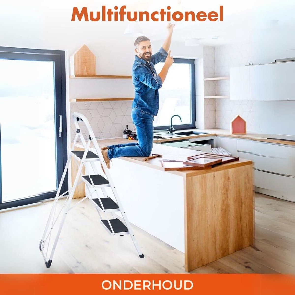 Huishoudtrap 4 Treden - Keukentrapje Basic Inklapbaar Met Handgreep – Keukentrap Anti-slip – Trapladder - Opstapje – Vouwladder Belastbaar tot 150 kg – Ladders – Keukentrap - Wit – foto 5