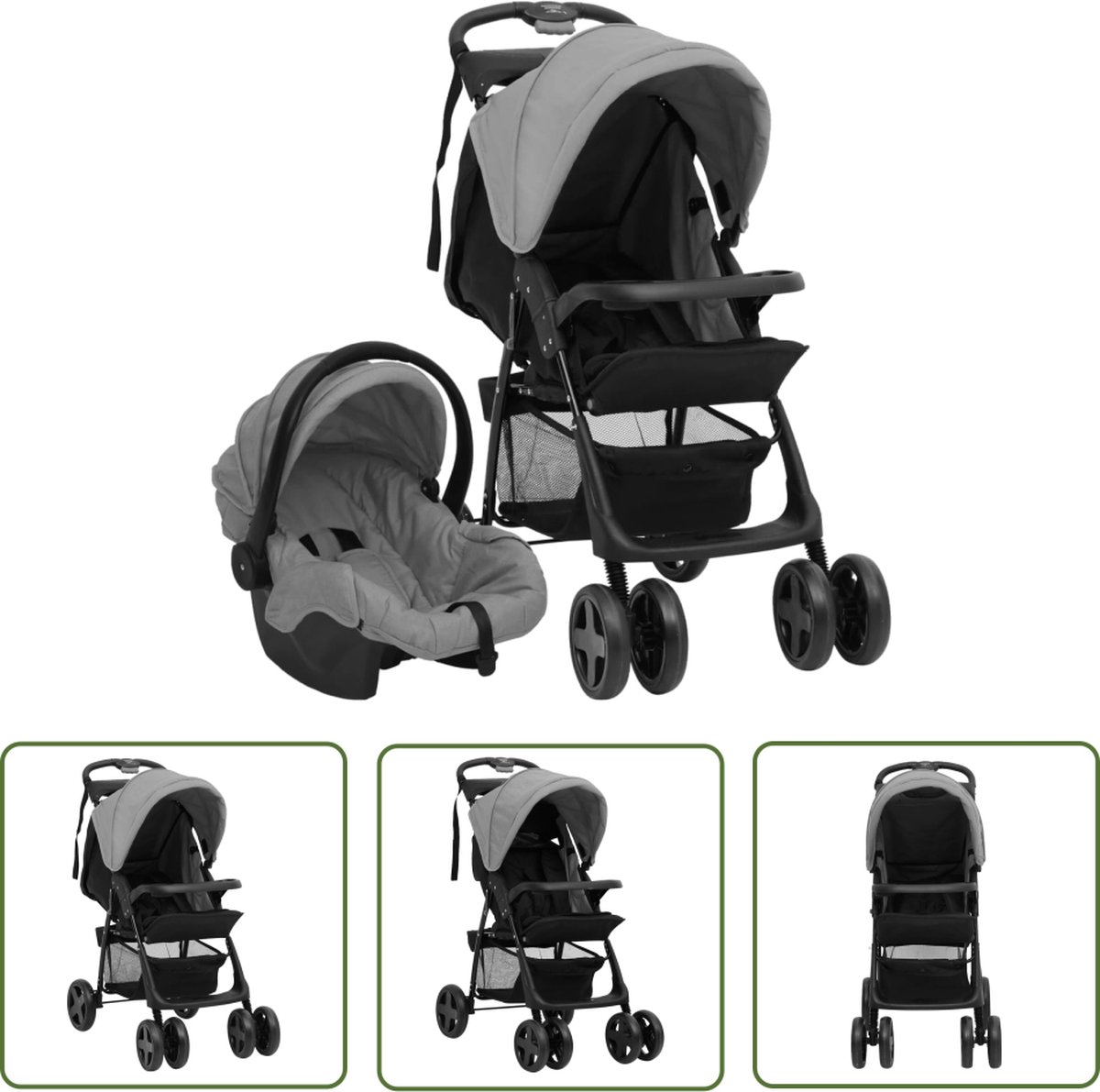 The Living Store Kinderwagen - 3-in-1 - Lichtgrijs/Zwart - Staal/Linnen - 49x78.5x102cm - Montage vereist