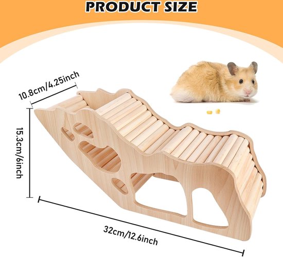Vegena Houten hamsterhuis met trappen, verstopplaats voor hamsters, kooi, decoratieve accessoires voor gerbils, degus, stekelmuizen, dwerghamsters (27 x 15 x 10,5 cm