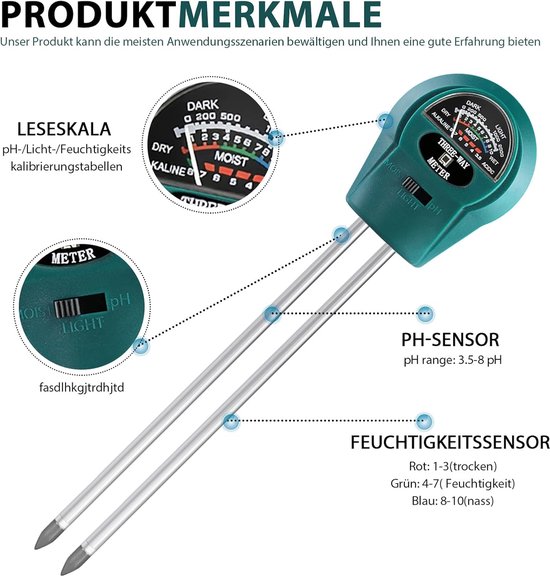Equivera PH Mètre - PH Mètre Jardin - PH Mètre Jardin - PH Mètre Water - Test PH Sol - PH Mètre Sol - PH Mètre Herbe - PH Mètre Pelouse - Humidimètre - Humidimètre - Sol Mètre