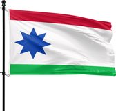 Wapperende vlag met rode, witte en groene banen. In het midden een blauwe achtpuntige ster.