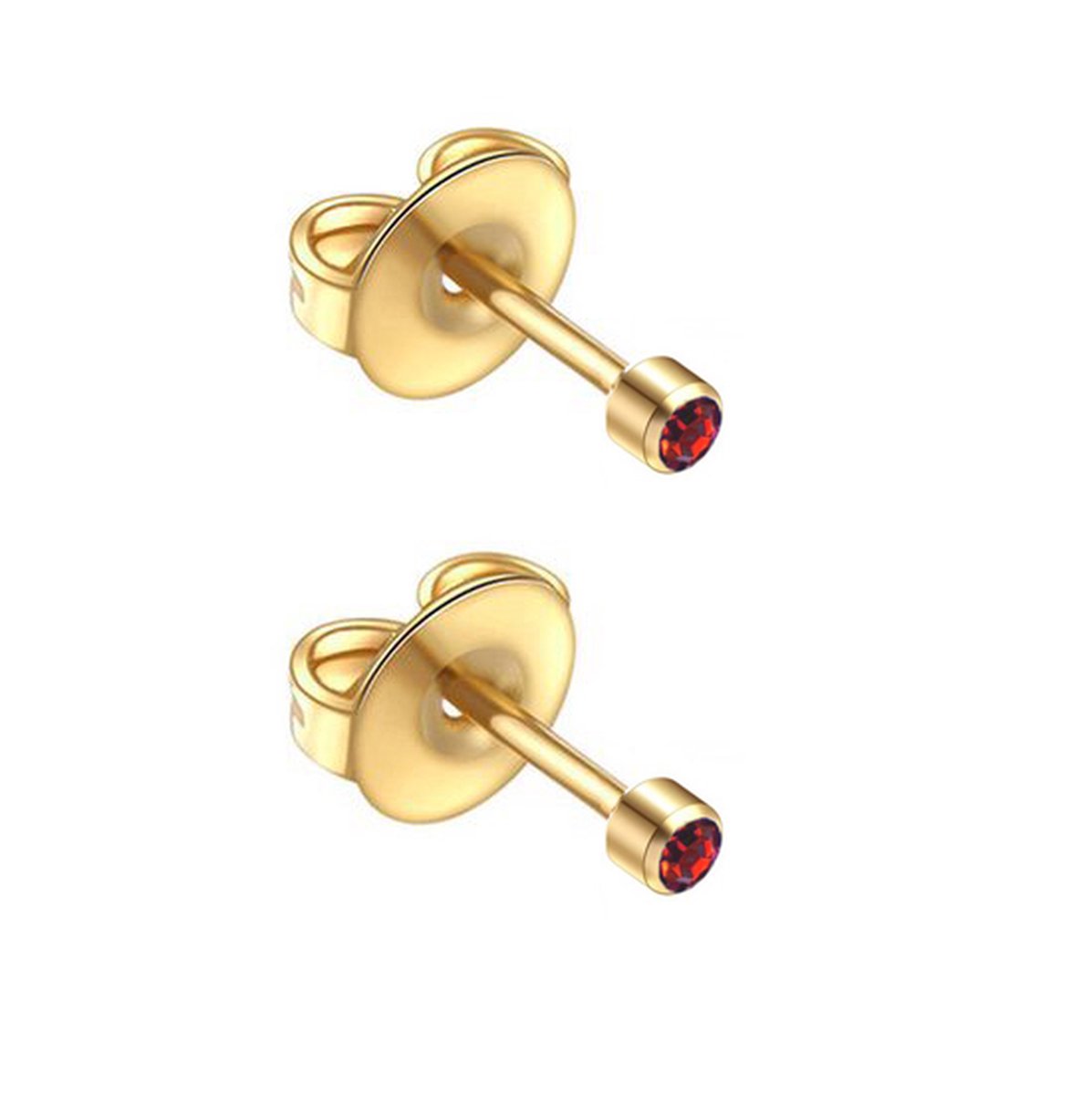 Caflon 2mm 24K gold plated mini oorknopjes voor oorschieter hypoallergeen steriel verpakt goudkleurig met rode granaat steen geboortesteen januari