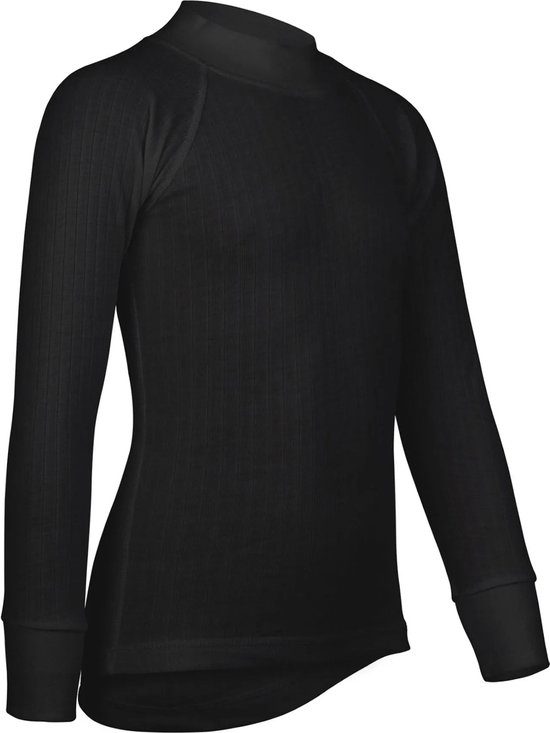 Zwart thermoshirt met lange mouwen en hoge hals, met verticale ribbels.