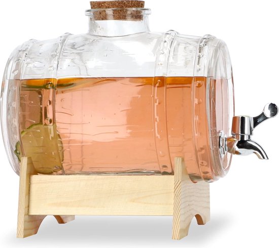 Whisky karaf Set, vat glazen dispenser met kraan en houten standaard set, 1L drankdispenser voor bier, wijn, whisky, bourbon limonade, likeur, feestdrank, geschenken voor mannen, echtgenoot, vriend