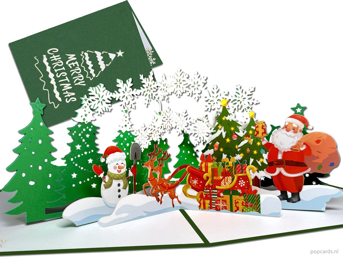 Popcards pop-up kaart – Schitterende Kerstkaart Tafereel met dennenbomen, sneeuwvlokken, sneeuwpop, arrenslee met rendieren en cadeaus, kerstbomen en vrolijke kerstman sneeuw pop-up kaart 3D wenskaart
