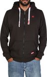 Man met blauwe jeans draagt een zwarte Riverso hoodie met capuchon, rits en witte koorden.