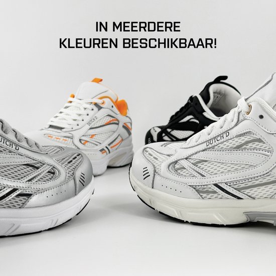 Een assortiment witte, zilveren en zwarte DUTCH'D sneakers, sommige met oranje accenten.