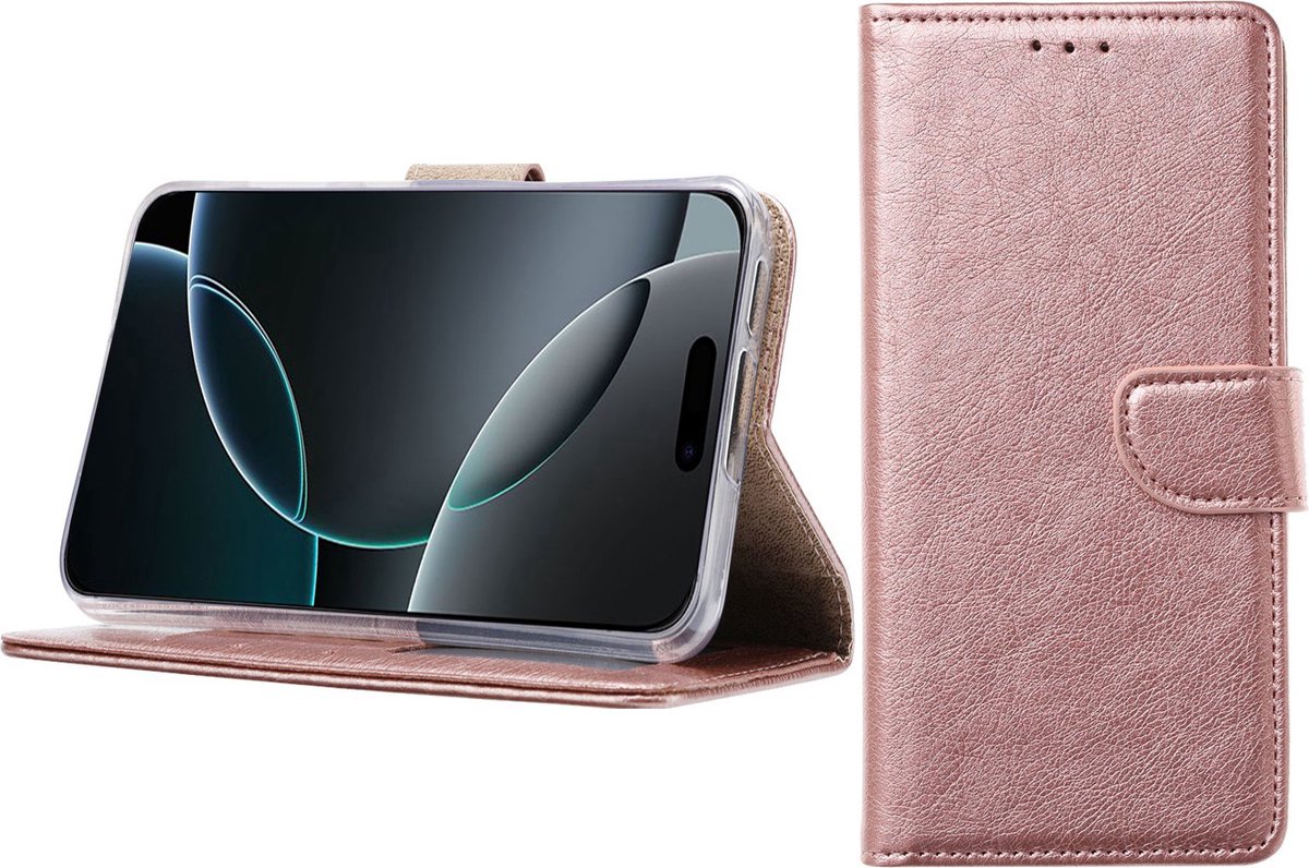 BixB Hoesje Geschikt voor iPhone 16 Pro – portemonnee bookcase met pasjeshouder - Rosegoud