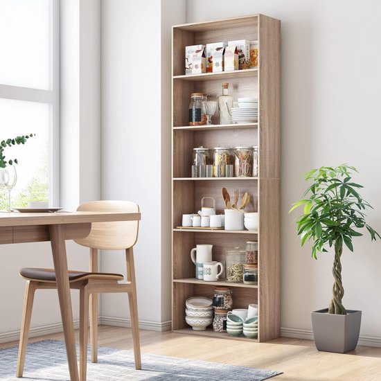 Boekenkast, houten rek met 6 vakken, planken, boekenkast, opbergrek voor woonkamer, werkkamer, van hout, 180 x 60 x 23,5 cm, licht eiken HMTM-FB-091