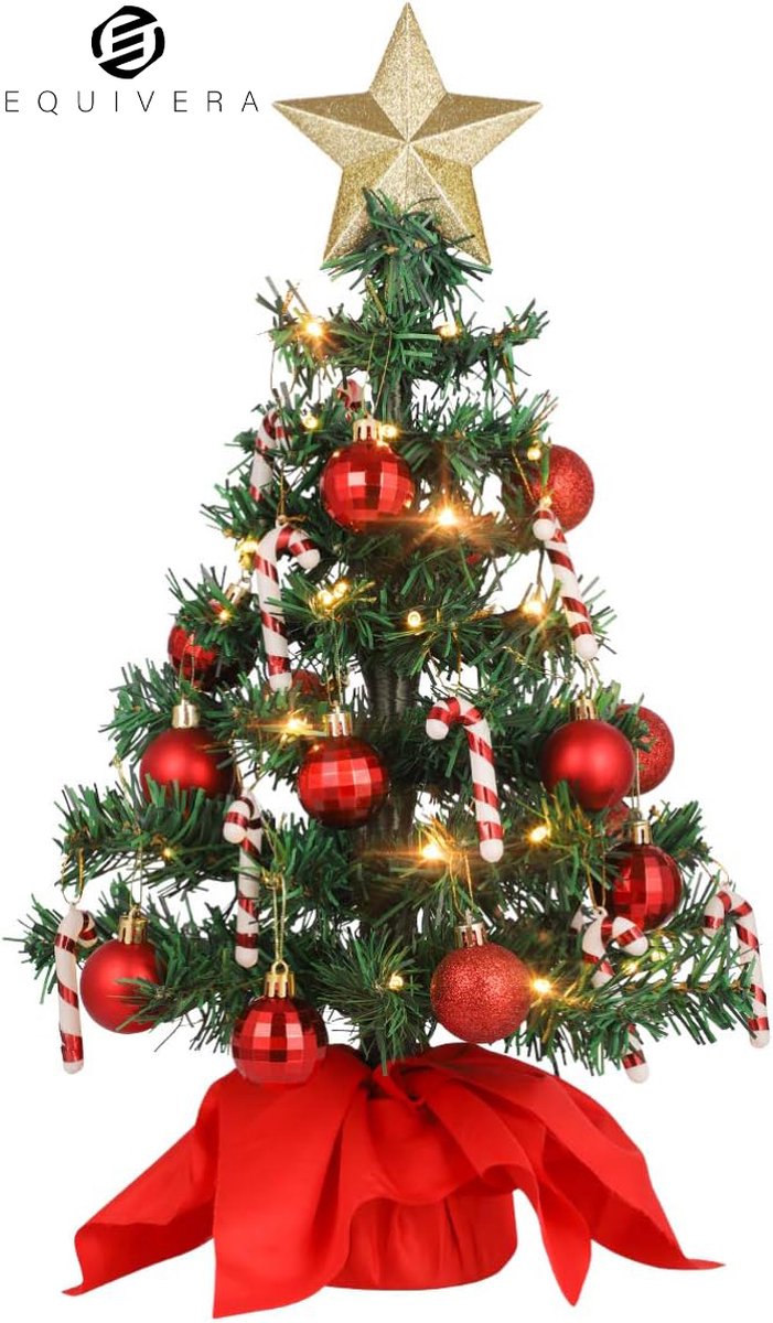 Mini Kerstboom met verlichting en decoratie in donkergroen en goud.