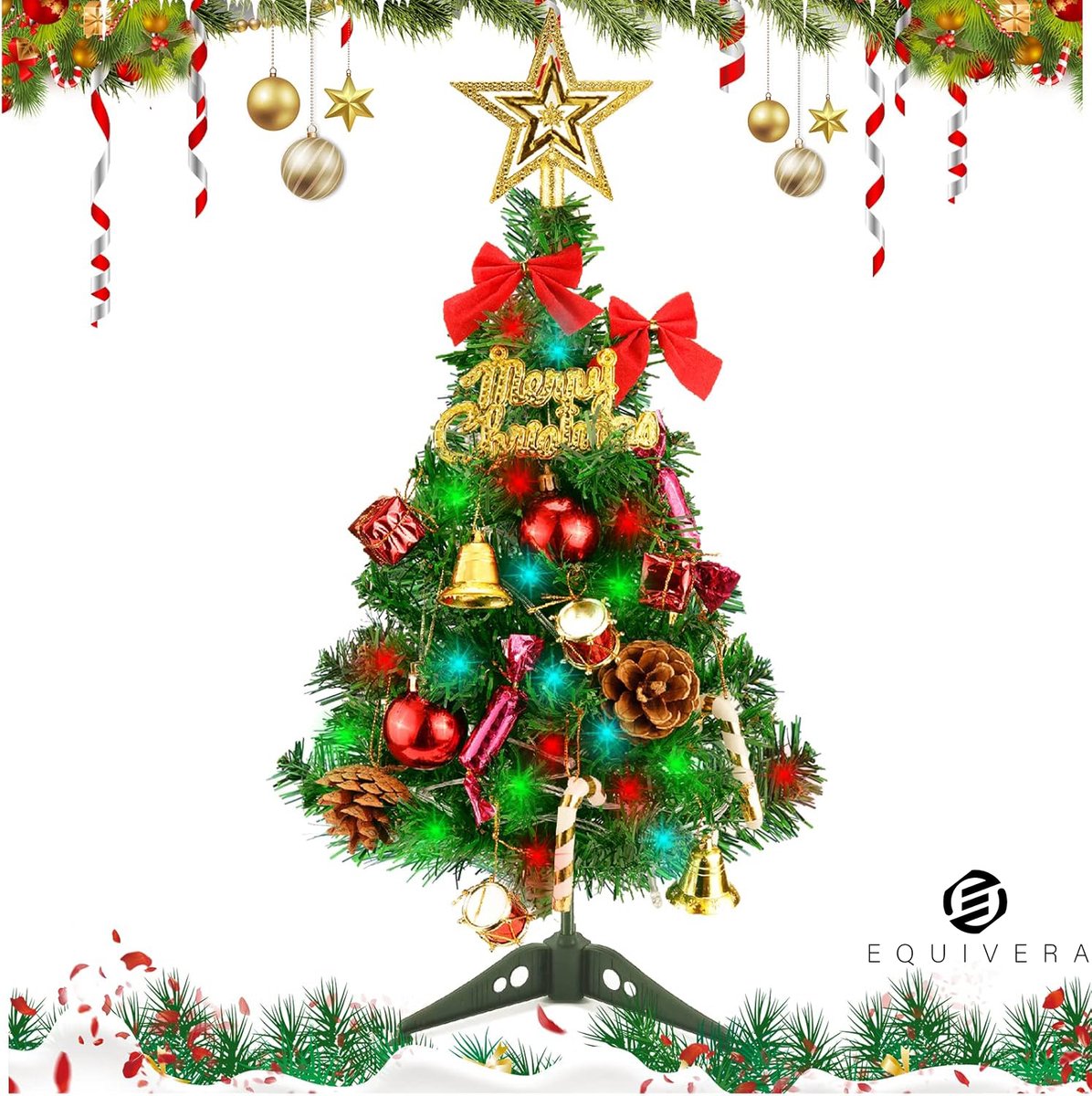 Equivera Mini Kerstboom met Verlichting - Mini Kerstboom met Decoratie - Mini Kerstboom - Mini Kerstboom met Lampjes - Kleine Kerstboom