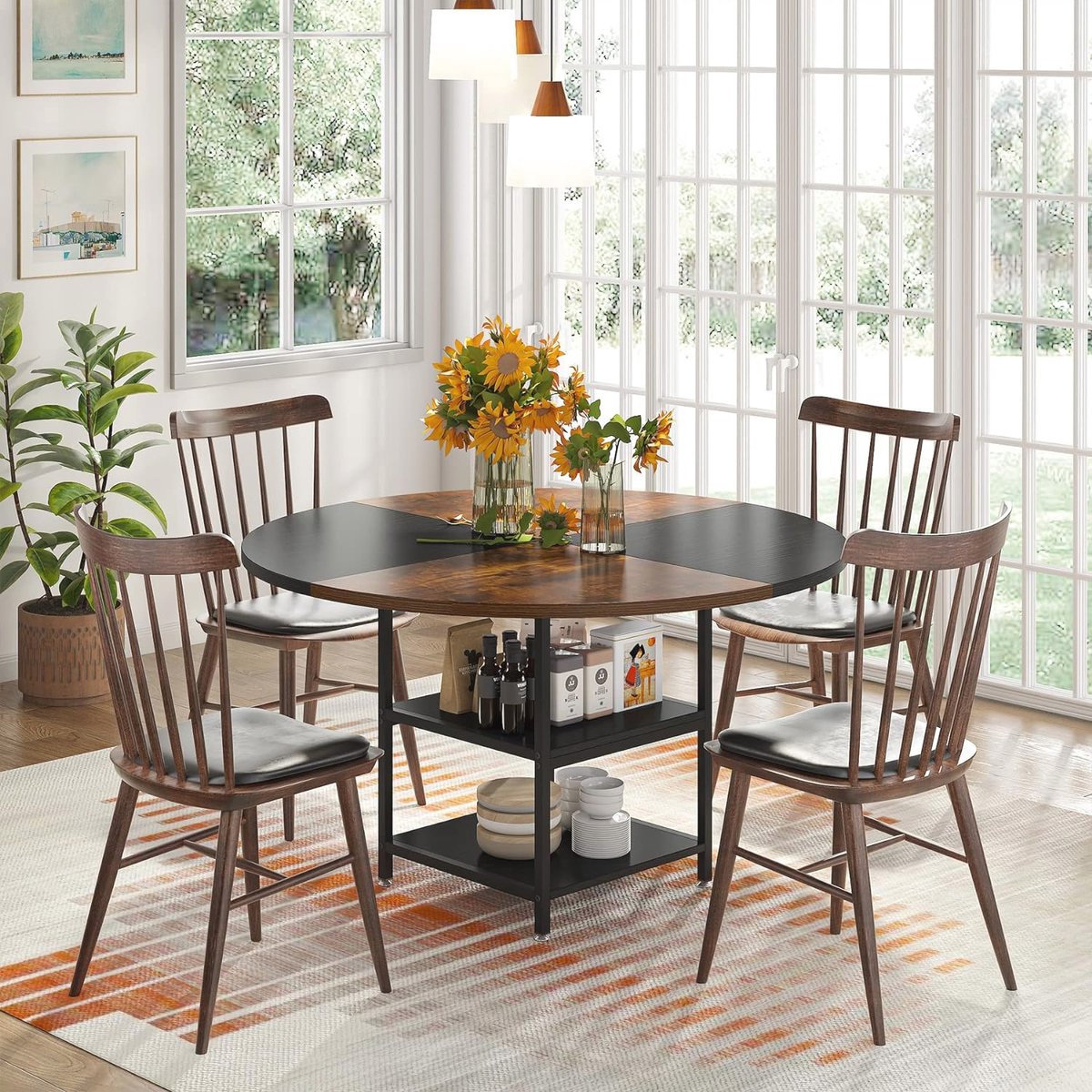 Ronde Eettafel voor 4 Personen - 47 Inch Keukentafel met Opbergplank - Houten Tafelblad en