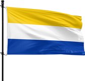 Heerhugowaard vlag: geel, wit en blauw horizontaal gestreept. Op een mast.