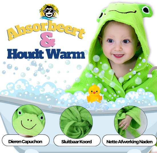 BoefieBoef Kikker Kinder Badjas Baby & Peuter 0-2 Jaar (Max 85 cm) - Zacht Katoen met Dieren Capuchon - Absorberende Ochtendjas Handdoek voor Jongens & Meisjes - Zwemles, Carnaval, Verjaardag & Kraamcadeau - Perfect na Bad & Zwemmen - Groen van BoefieBoef — afbeelding 3