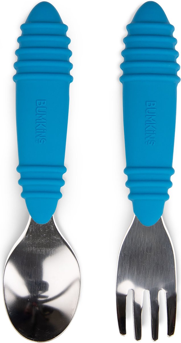 Goedkoopste Bumkins - kinderbestek 2-delig, lepel en vork - rvs en siliconen - donkerblauw
