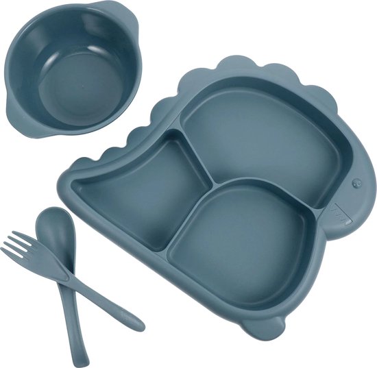 Kinderservies - Baby servies - 4-delig set - bord - kom - vork - lepel - Dino blauw van Kinder — afbeelding 2