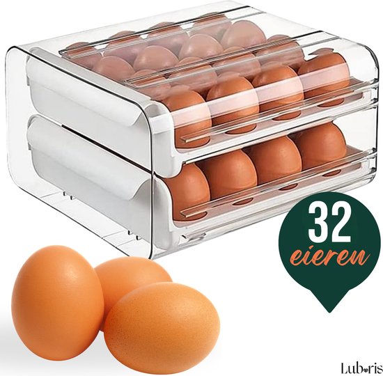 Eierhouder voor koelkast, automatisch rollende ei-opslagcontainer voor koelkast, doorzichtige plastic opbergdoos, eierbak en eieropslagbak -2 lagen