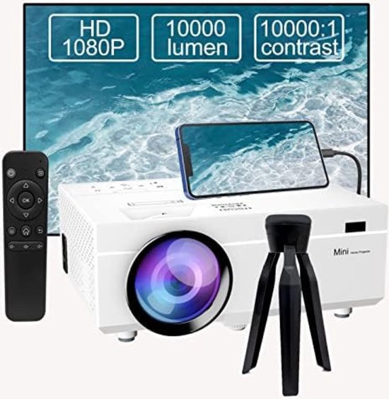 Mini Beamer - Bluetooth Audio - Input tot 1080P Full HD - 10000 Lumen - Projector - Mini Projector - HDMI - USB - Wit - Smartphone - Draagbaar - Ingebouwde speaker - Inclusief standaard