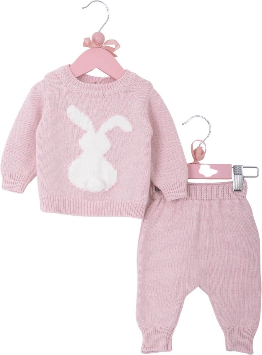 Minora Newborn Baby Kleding Set - Jongens en Meisjes - Winterbroek en trui- 9/12 Maanden- Kraamcadeau - Babyshower-Newborn tweedelige gestreepte set met konijn -Pink-Sinterklaas cadeautjes