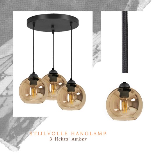 Hanglamp Industrieel voor Woonkamer, Eetkamer - Verstelbaar max. 70cm - 3-Lichts - E27 tot 60 W - Amber Glas