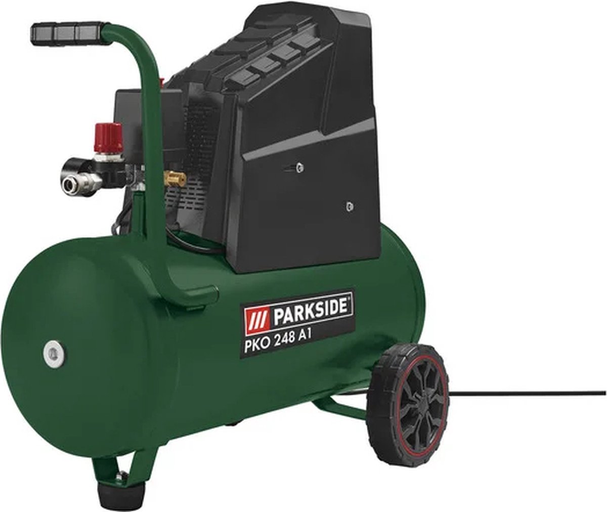 PARKSIDE® Stille compressor 24 L - Vermogen: 1500 W - Druk: regelbaar tot 10 bar - Toerental: 2850 min - Aanzuigvermogen: 214 l/min. - 69,5 dB - Olievrije motor - Voorzien van 2 manometers - Extra tweede aansluiting aanwezig
