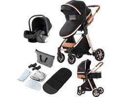 Luxe 3-in-1 Kinderwagen - Wandelwagen - Autostoeltje - Buggy - Reiswieg - Inklapbaar - 0-36 Maanden - Inclusief Tas - BlackGold