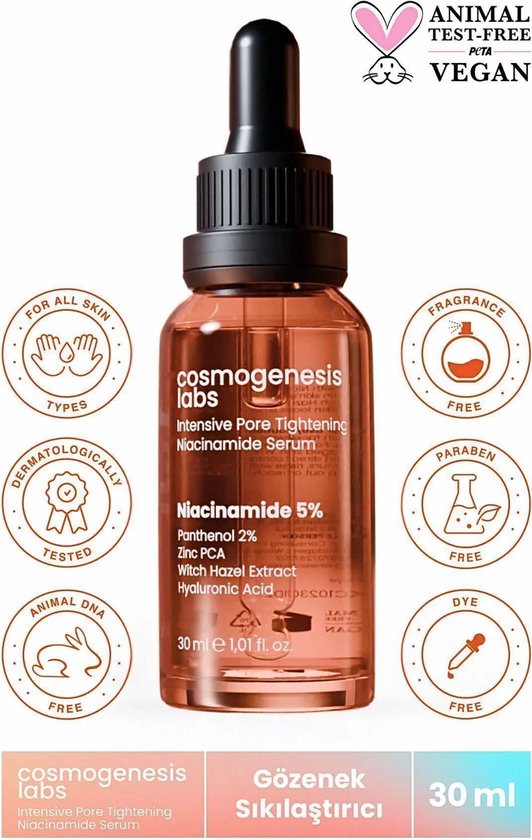 Cosmogenesis Labs Anti-Acne mee-eter Niacinamide Vitamine B3 Huidserum 30 ml Panthenol 2% Zinc PCA Toverhazelaar-extract Hyaluronzuur Veganistische Poriënverstrakking (5% NIACINAMIDE)