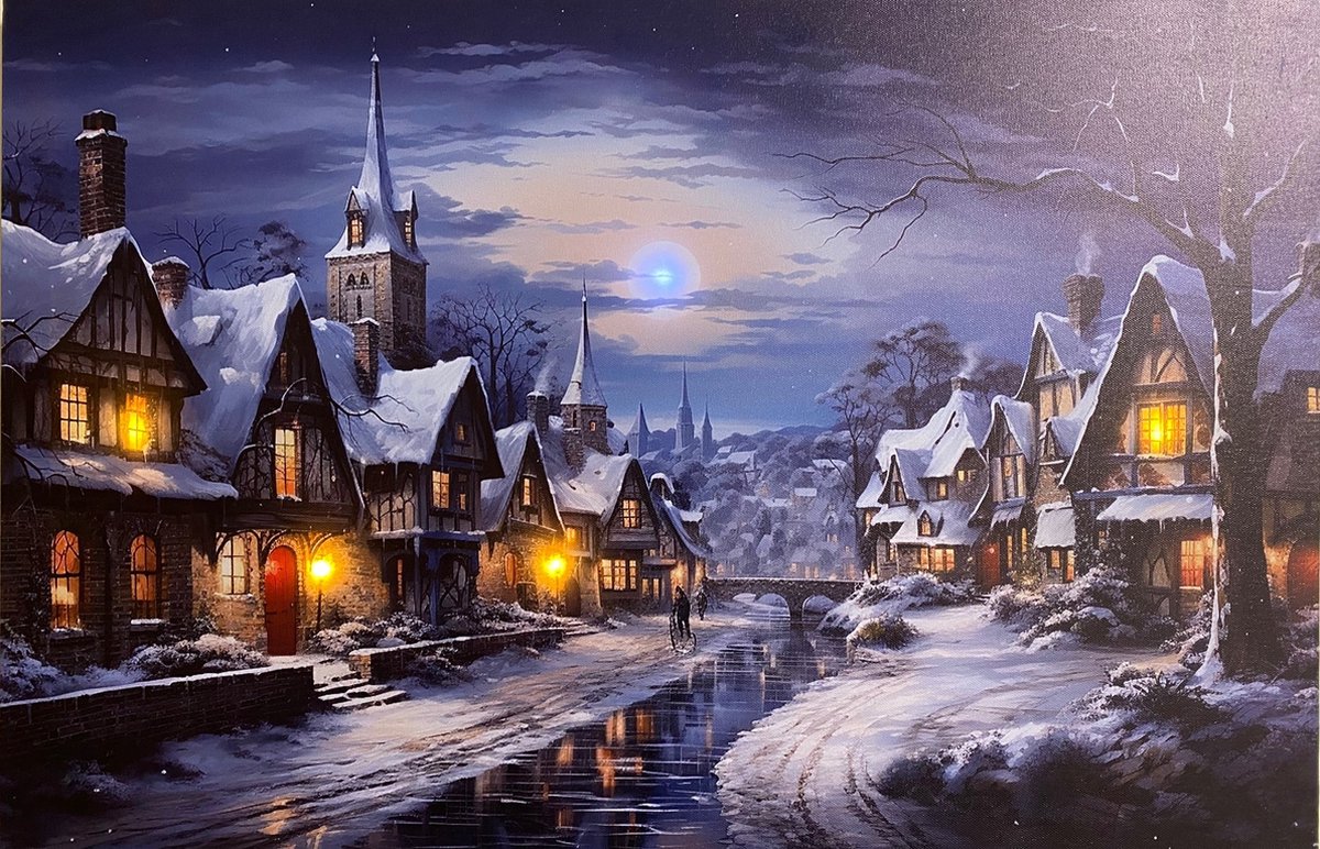 Schilderij groot met ledverlichting - Canvas op houten frame - Sfeervol bergdorp bij rivier in maneschijn - 5 x LED - 60 x 40 cm - Kersthuisjes en Kerstdorp met verlichting
