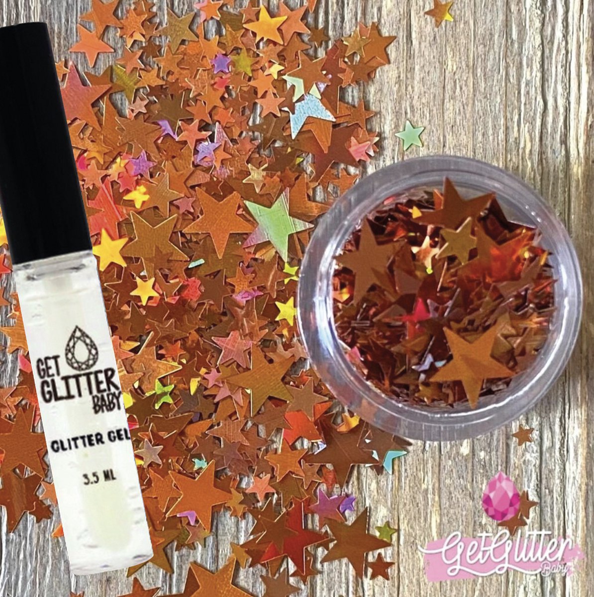 GetGlitterBaby® - Oranje Gouden Sterren Chunky Festival Glitters Sterretjes voor Lichaam en Gezicht / Koningsdag versiering / Gel Glitterlijm Huid lijm / Bio Vegan Biodegradable Biologische Face Body Glitter Jewels - Goud + Glittergel Huidlijm