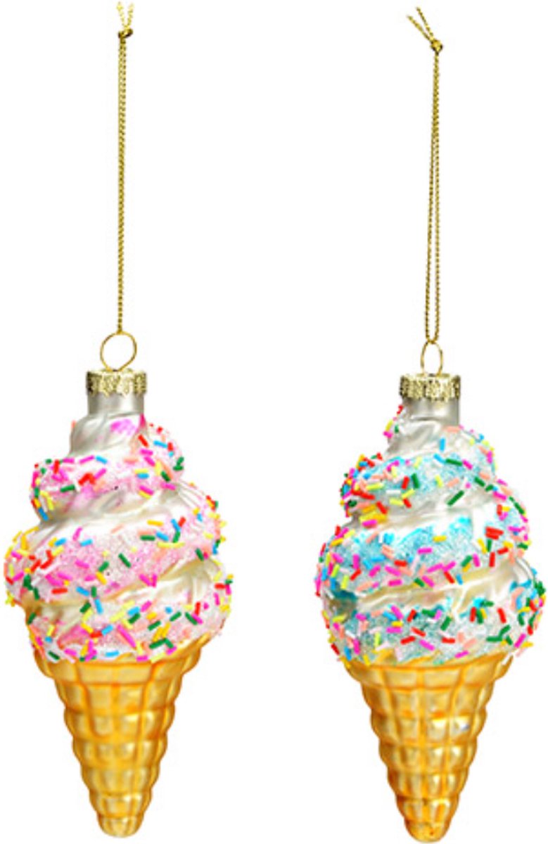 Kersthanger Set - Softijs Met Discodip Roze & Blauw - 12cm- Kerstbal ijsje - Glazen Ornament Icecream