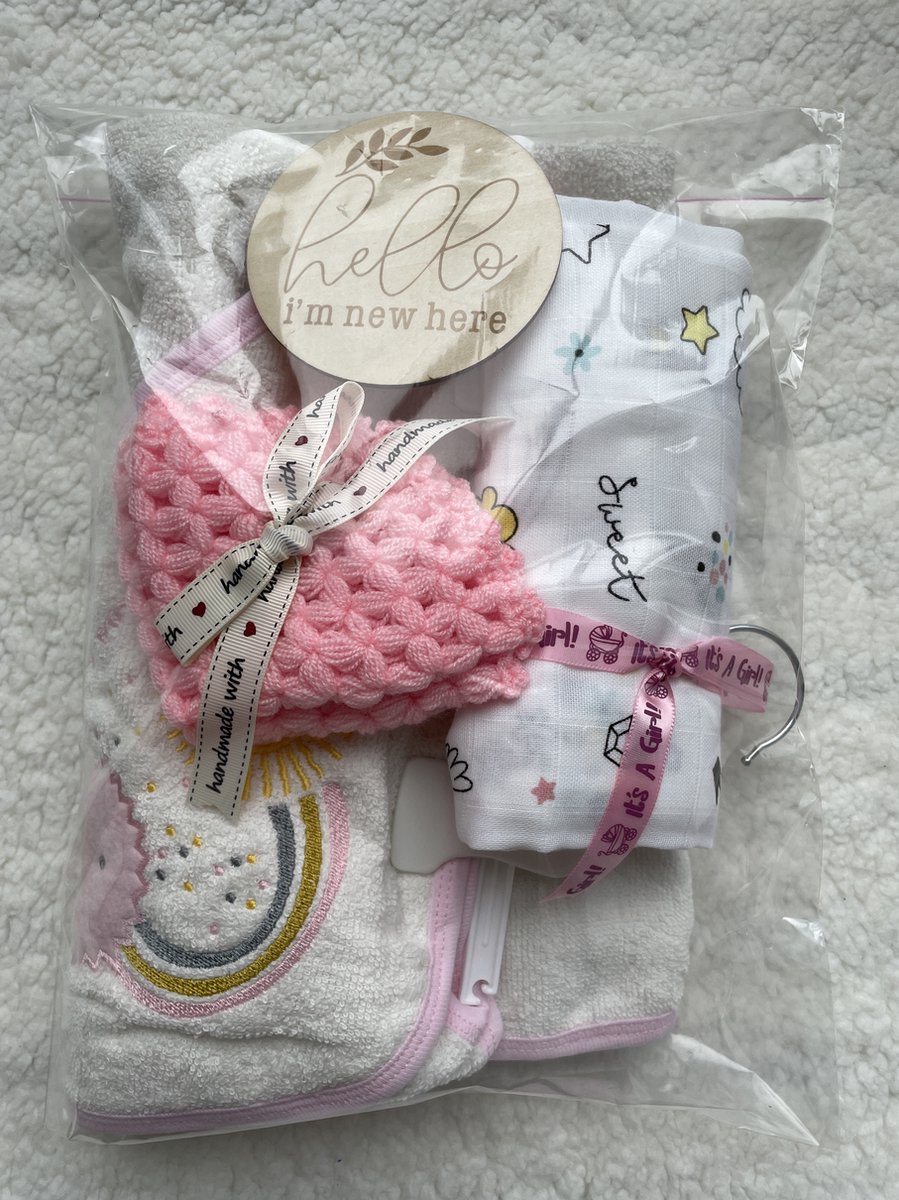 Goedkoopste Maminobaby.nl - Baby Geschenkset meisjes | Badcape | Handmade washandje | Hydrofiele doek | Kraamcadeau | Babyshower