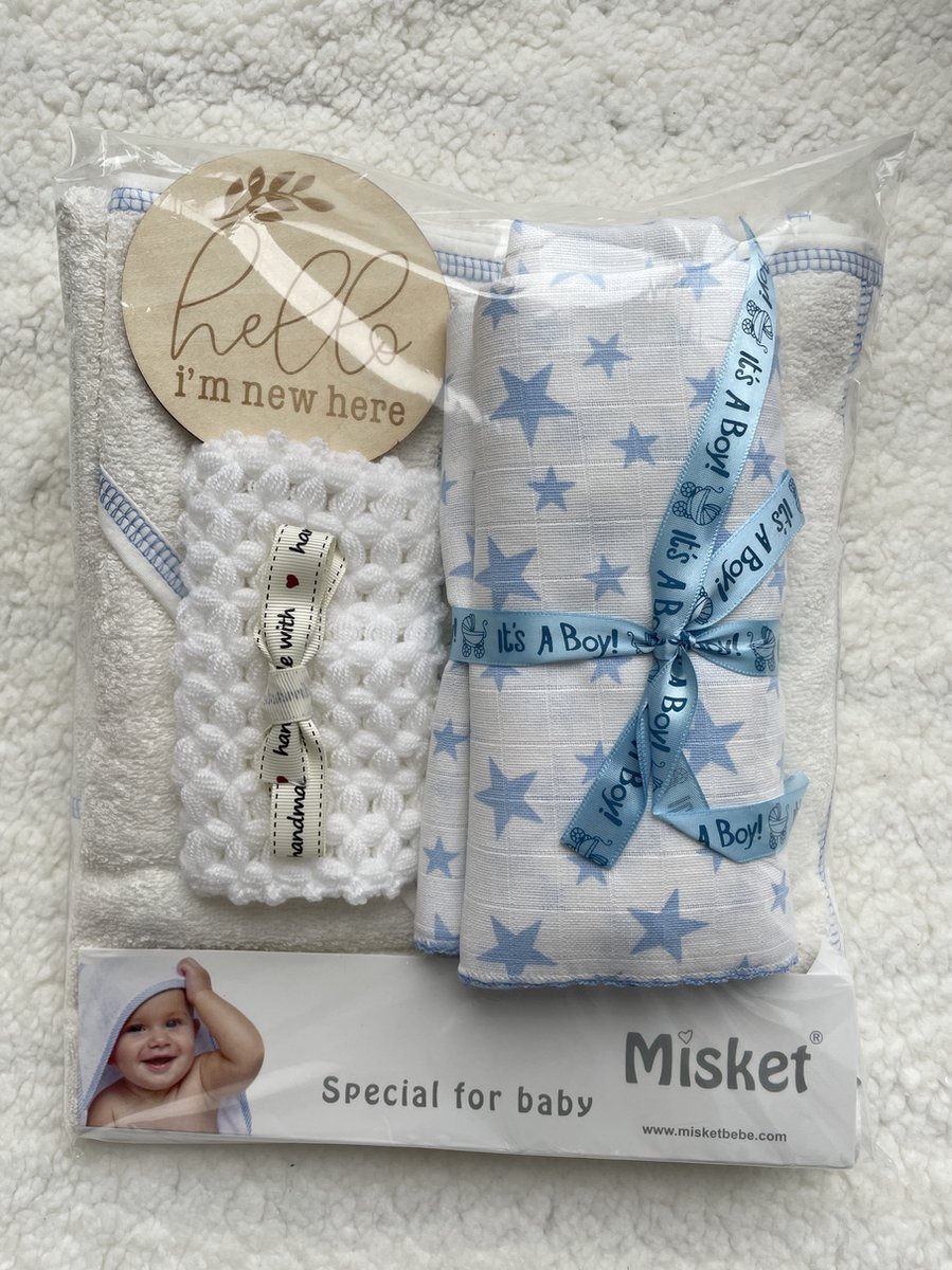 Goedkoopste Maminobaby.nl - Baby Geschenkset jongens | Badcape | Handmade washandje | Hydrofiele doek | Kraamcadeau | Babyshower