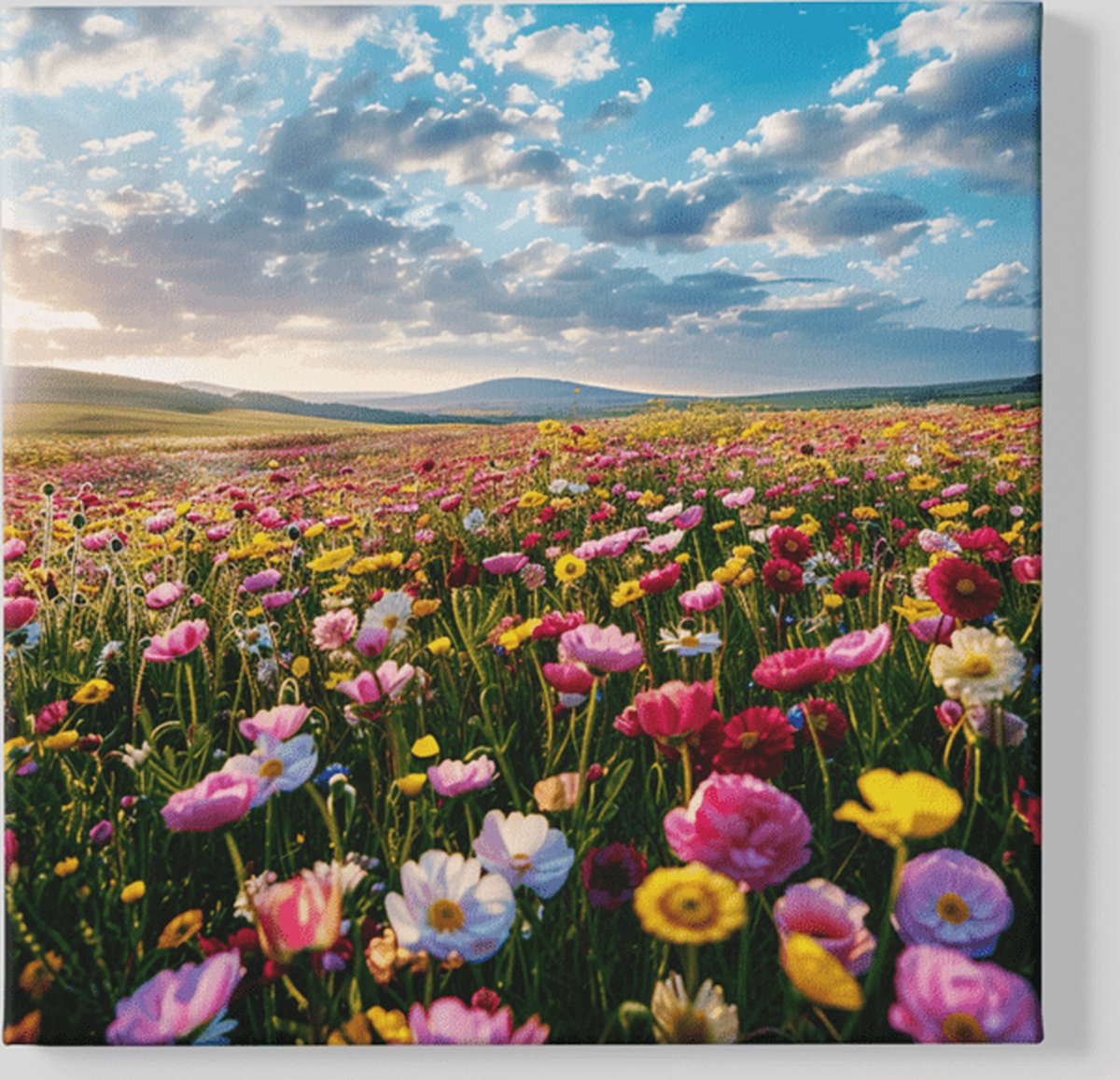 Trendex Global Canvas Schilderij - Bloemenveld - Vierkant - Bloemen - 100x100x2 cm Kleurrijk