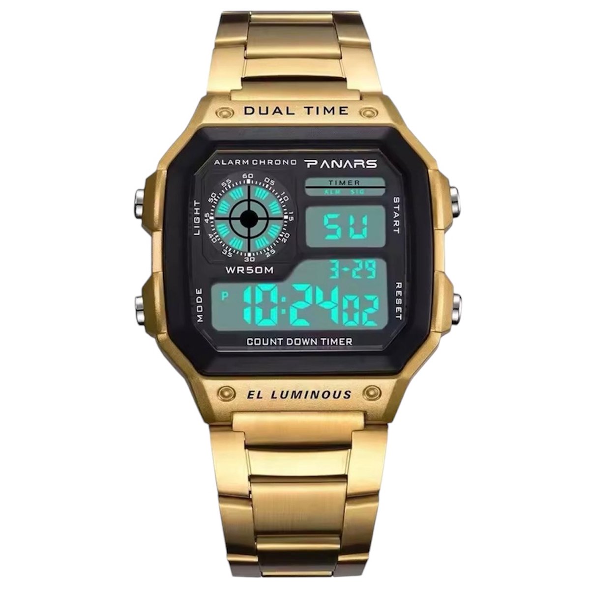 Panars Luxe Herenhorloge - Mannen - Zilveren Polsband - Goud en Zwart - Luxe Doos - Waterdicht - Digitaal