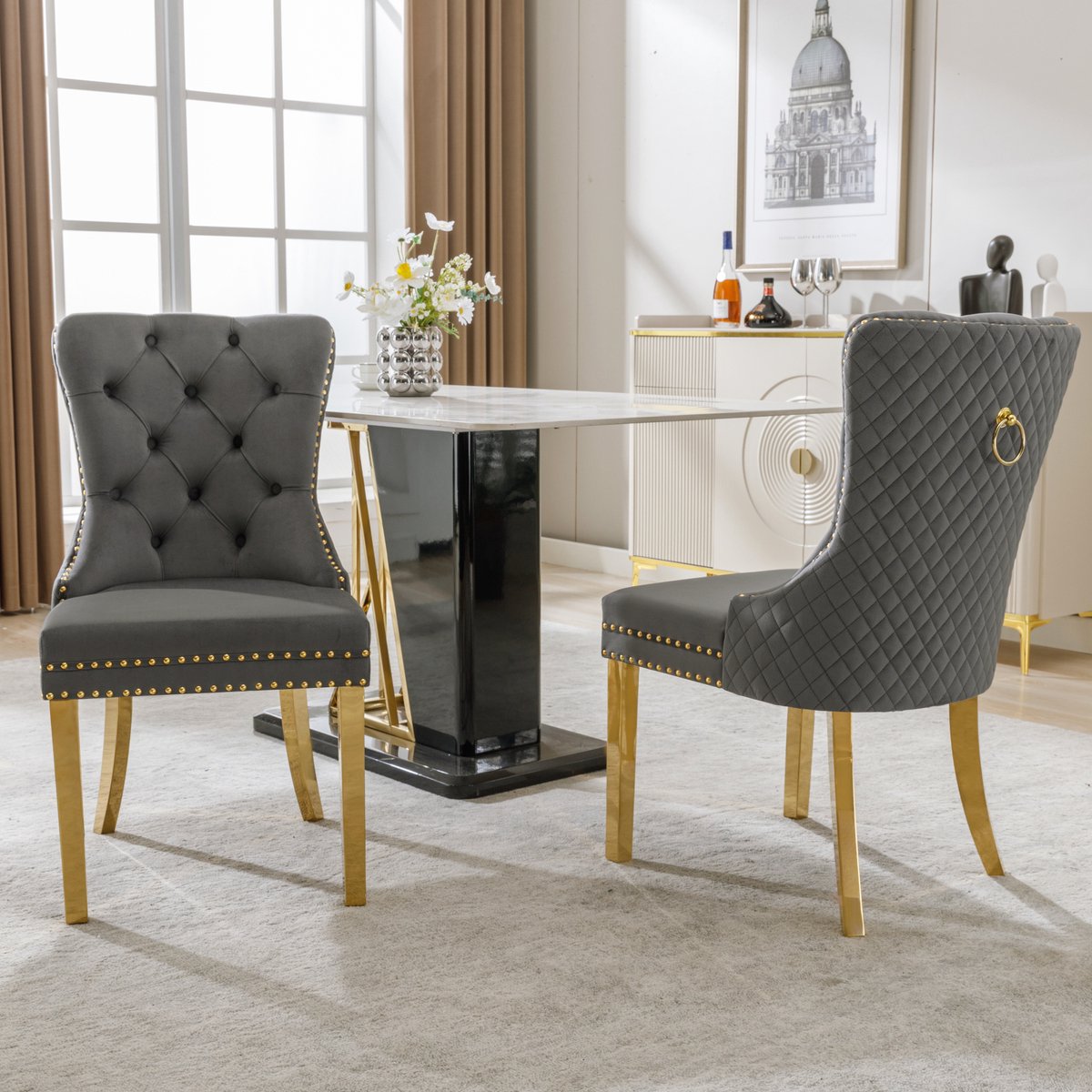 Gutent Eetkamerstoel, Grijs/Goud , Fluweel, 2 stuks, Rug met unieke ronde trekring met spijkerkop, steunpoten van verguld roestvrij staal, keukenstoel, woonkamerstoel, gestoffeerde stoel