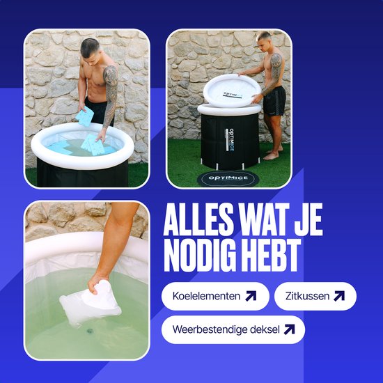 OPTIMICE IJsbad All in Pakket - Inclusief Koelelementen, E-Books (Koudwater Therapie, Meditatie, Ademhaling), Thermometer & Draagtas - Zitbad - Wim Hof - Ice Bath - Opvouwbaar en Inklapbaar