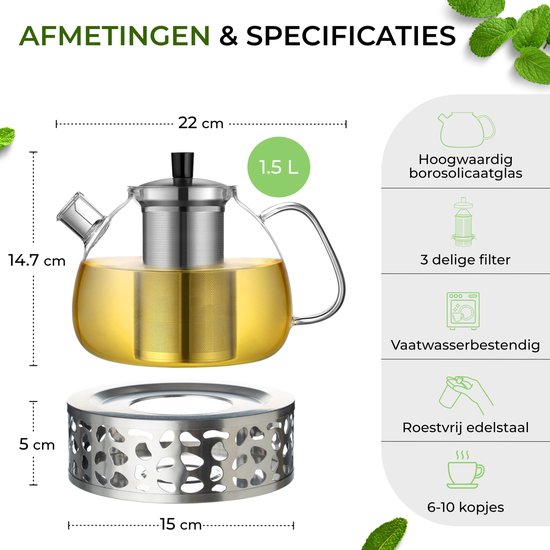 Theepot van borosilicaatglas, 1,5 liter, met zeefinzet, stoofje Theepot van borosilicaatglas, 1,5 liter, met zeefinzet, stoofje