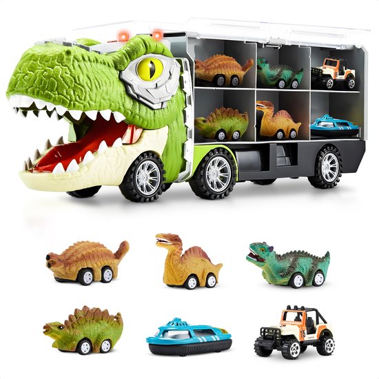 Dinosaurus Speelgoed Truck - Met 6 Extra Speelgoedauto's - Dino - Auto Speelgoed - Jongens Speelgoed - Meisjes Speelgoed - Speelgoed 3 Jaar - Speelgoed 4 Jaar - Speelgoed 5 Jaar - Kinderspeelgoed - Dinosaurus - Speelgoed Autos Jongens