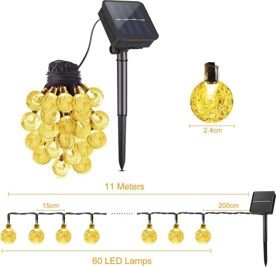 Aisutha Lichtsnoer op zonne-energie, voor buiten, 8 m, 40 leds, 8 modi, kristallen bollen, waterdicht, IP65, outdoor lichtketting op zonne-energie voor tuin, terras, balkon, bruiloft