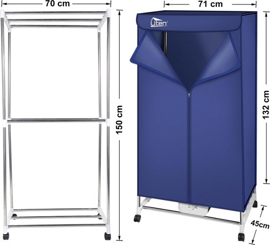 Uten Draagbare elektrische droger Gr886 - 2 lagen droog Design - Warmtepompdroger - 1500 W - Timer 0-180 Min - Elektrisch Droogrek met Verwarming - Wasdroger - Tot 15kg wasgoed - Als wasdroger, droogrek en Kledingkast- Hoogte 1.5 M - Blauw