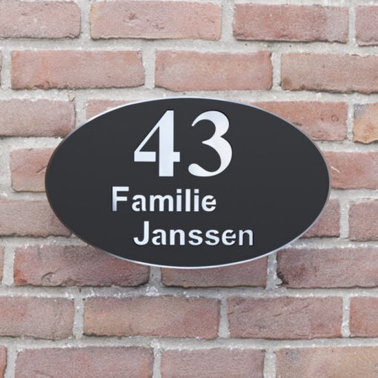 Plaque signalétique de porte d'entrée - Plaque numéro de maison - Ovale - 25x15 - noir/argent