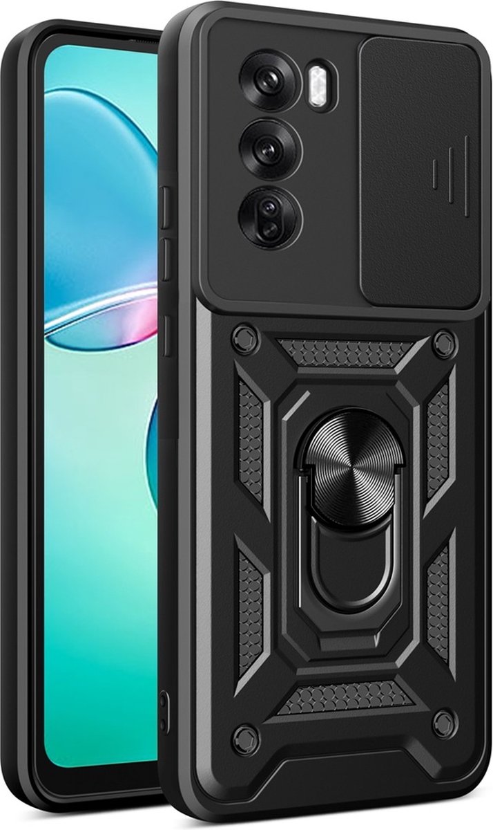 MobyDefend Hoesje - Geschikt voor Oppo Reno12 Pro - Pantsercase Met Draaibare Ring - Zwart