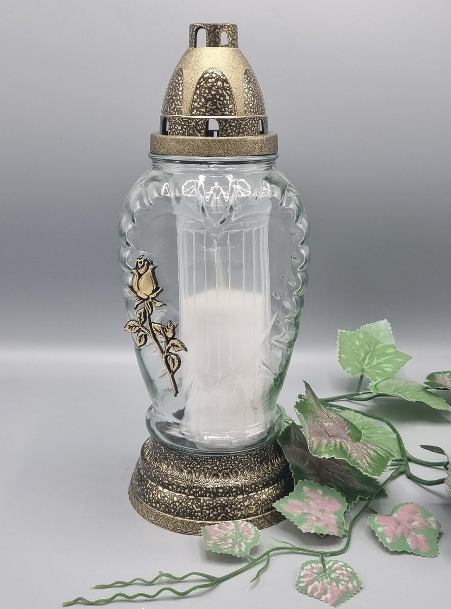 Lubema Herdenkingslicht - R385 - Roos - Goud - Hart - Grafkaars - Graflicht - Graflantaarn -Grafdecoratie - Windlicht