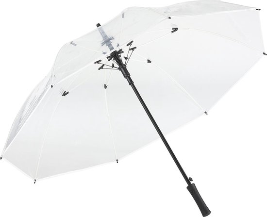 Parapluie blanc transparent avec mât courbé et manche noire.