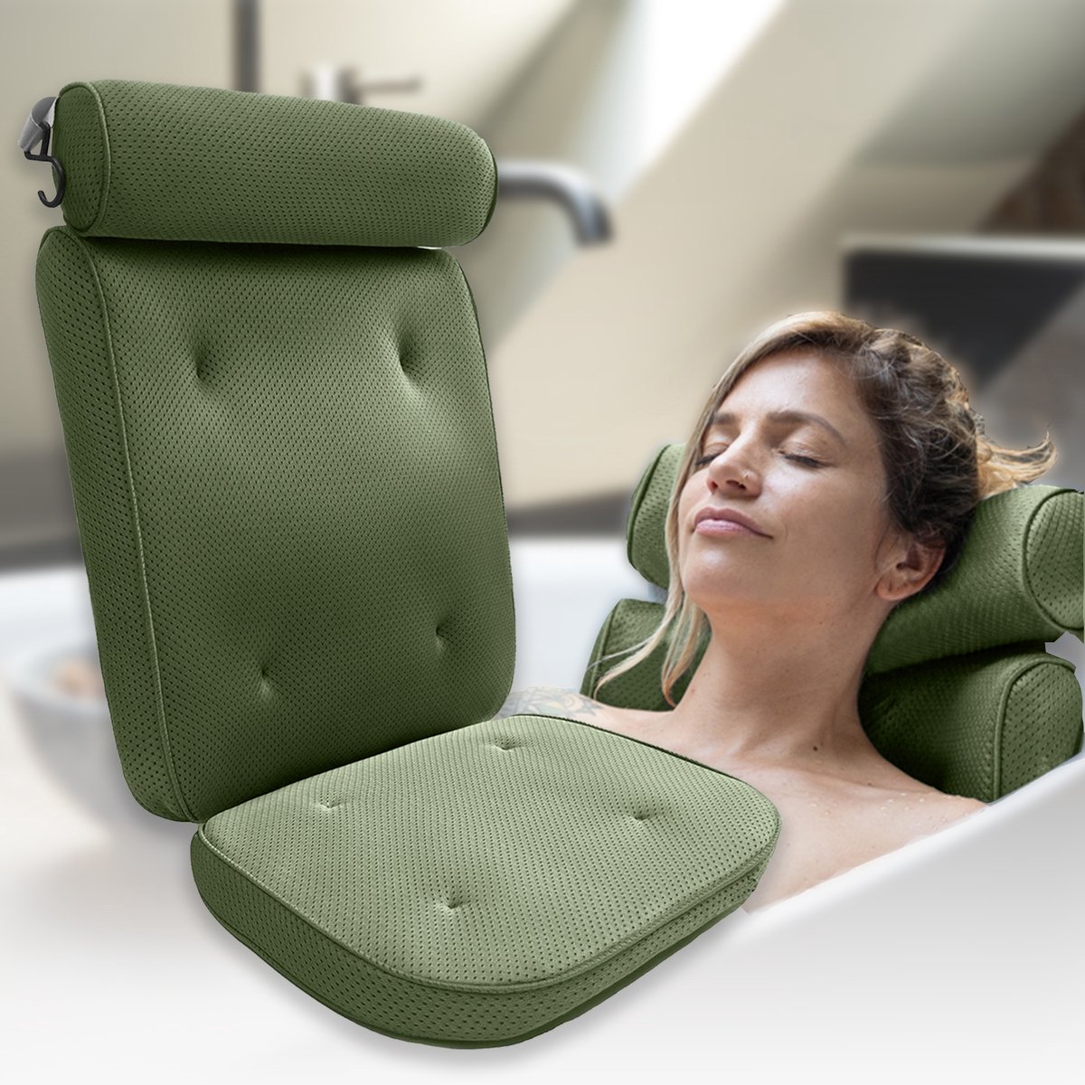 Badkussen van traagschuim, comfortabel en antislip, ideaal om te ontspannen in de spa of in bad, veilige bevestiging door 6 zuignappen, luchtige stof (wit