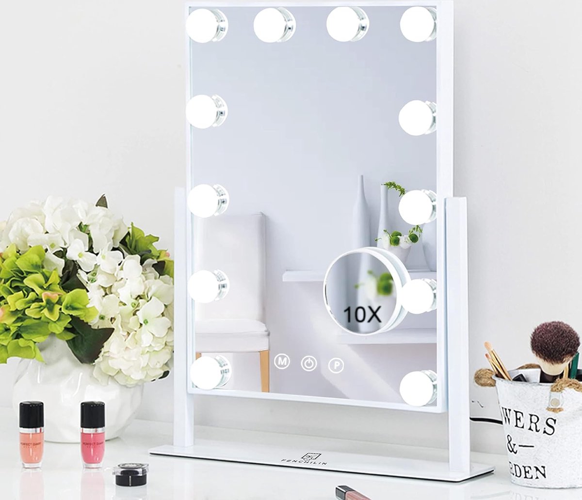Draaibare Make-up Spiegel met Verlichting - 12 Dimbare LED Lampen, 3 Lichtkleuren, 10x Vergroting, Touch Bediening, Wit, 30x41 cm"