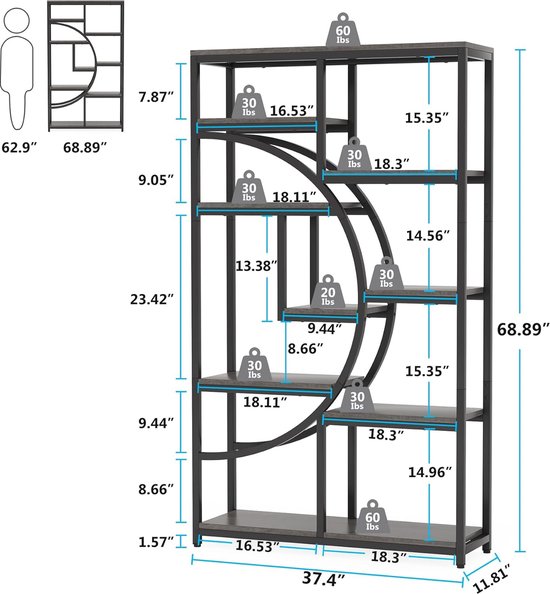 Afmetingen van een grijze, industriële boekenkast met 5 legplanken, metalen frame en cirkelvormig design. Inclusief draagvermogen per legplank.