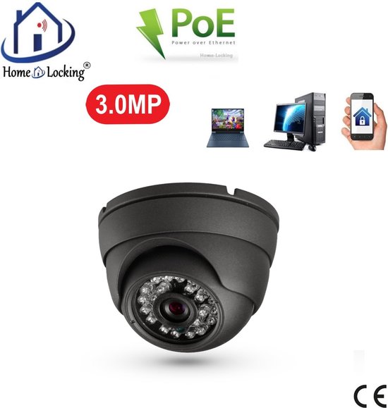 Zwarte Home-Locking 3.0MP dome IP-camera met infrarood sensoren en logo's voor PoE, computers en mobiel.