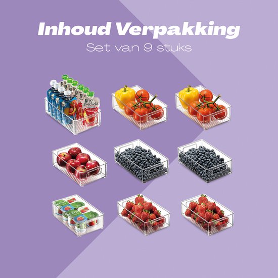 Een set van 9 transparante koelkast organizers gevuld met groenten, fruit en drankjes.