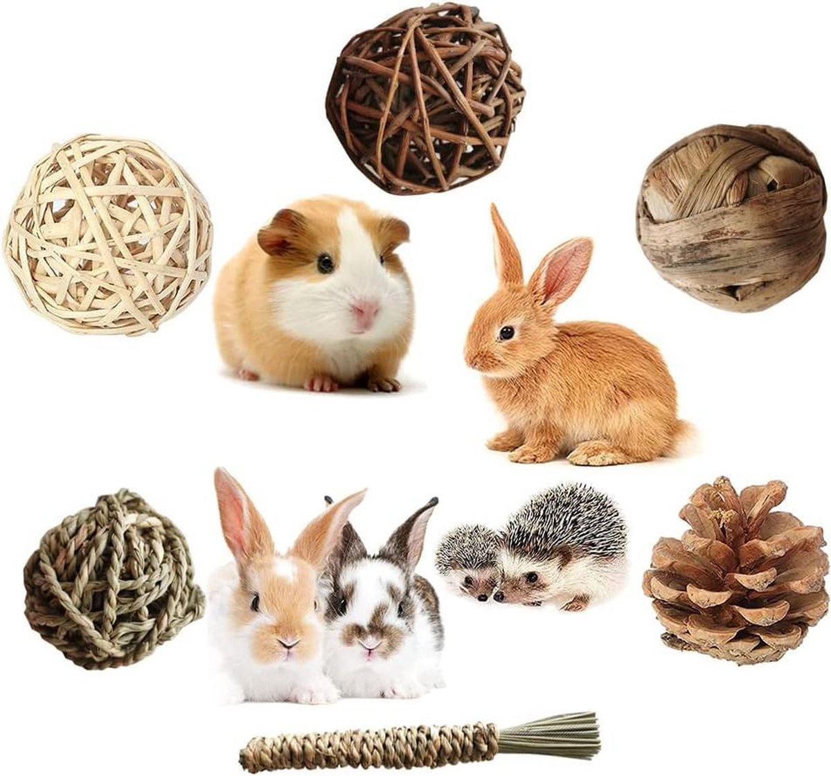Konijnenspeelgoed 6 stuks kauwspeelgoed – hazen – kleine dieren – kauwballen – grasbal – rotan ballen – chinchilla – hamsters – cavia’s